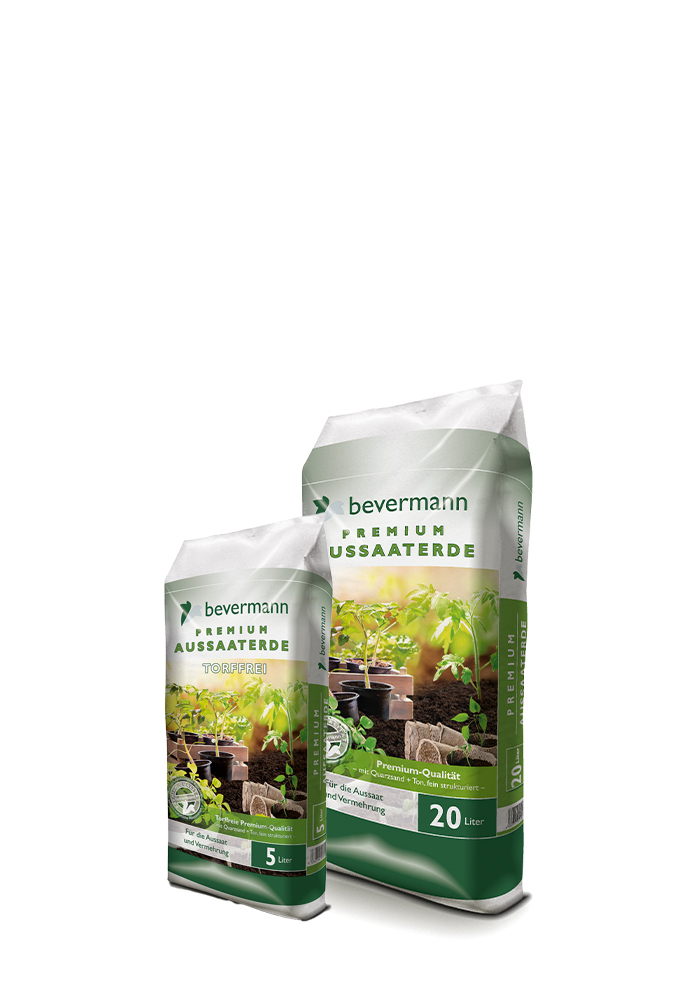 Darstellungen von den Bevermann Premium Aussaaterde 5 und 20 Liter Säcken